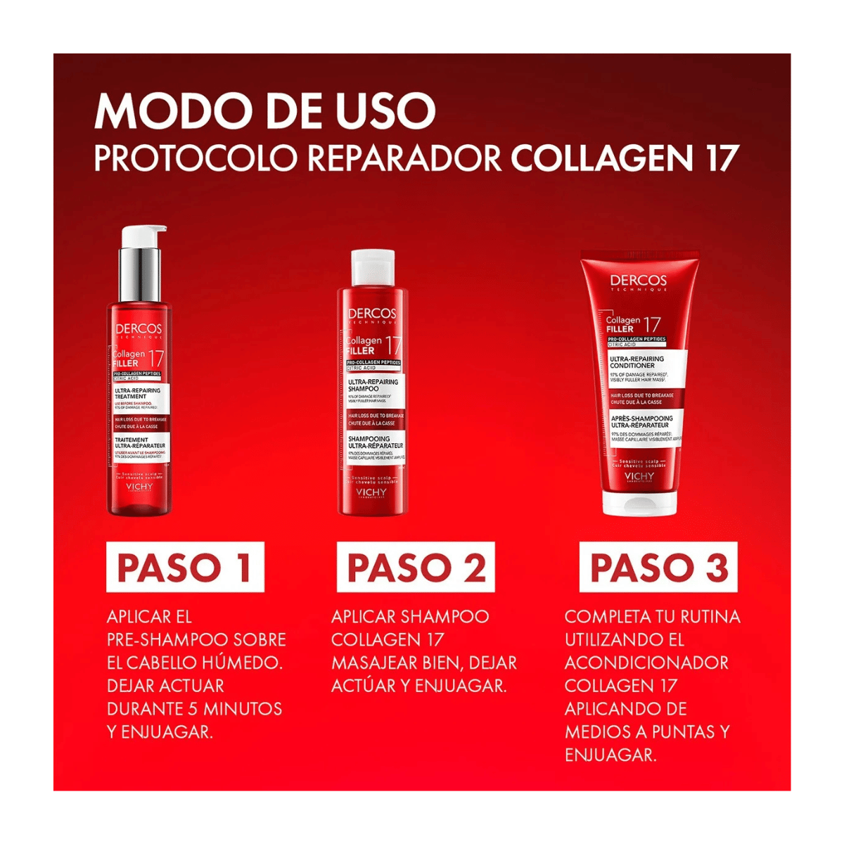 Vichy Dercos Collagen 17 Filler Tratamiento Reparador De Daño 150ml.
