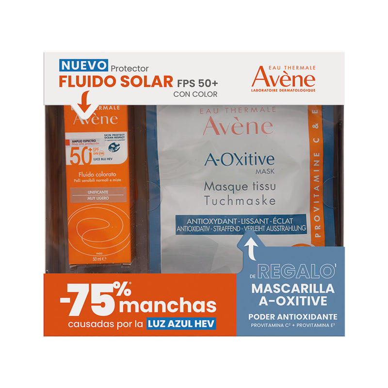 Kit Avene Fluido Solar Fps 50+ Con Color 50ml + Mascarilla A-Oxitive 18ml