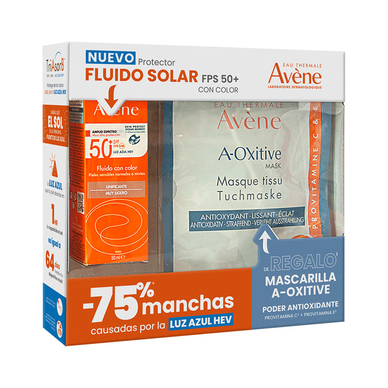 Kit Avene Fluido Solar Fps 50+ Con Color 50ml + Mascarilla A-Oxitive 18ml