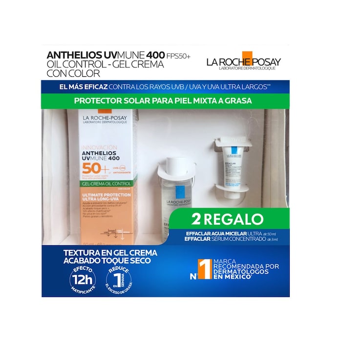 La Roche-Posay Kit Anthelios UV Mune 400 Gel-Crema Oil Control FPS50+ con Color 50ml + Effaclar Agua Micelar Ultra 50ml + Effaclar Sérum Ultra Concentrado 3ml.
