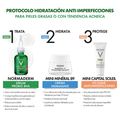 Vichy Kit Normaderm Probio-BHA Sérum 30ml. + Mineral 89 Crème Boost 15ml. + Capital Soleil Uv-Clear spf50+ 3ml.