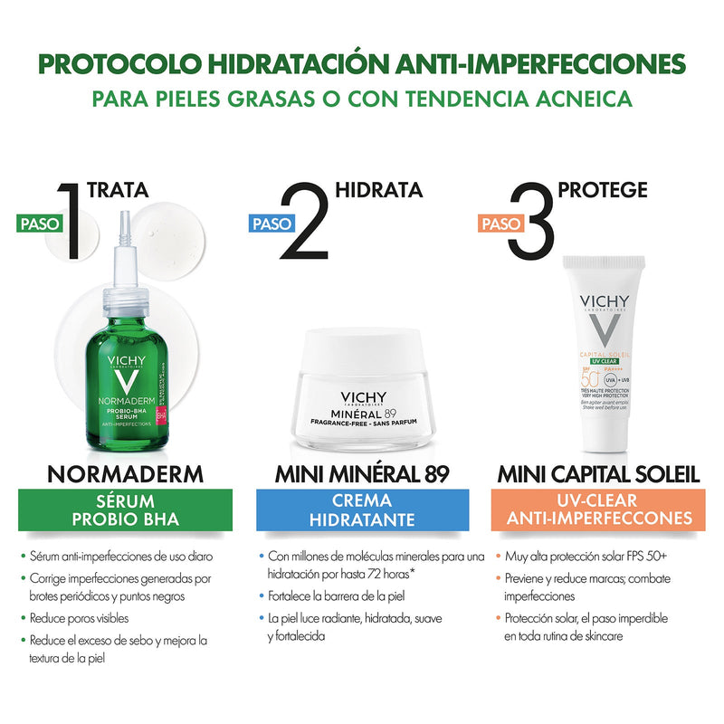 Vichy Kit Normaderm Probio-BHA Sérum 30ml. + Mineral 89 Crème Boost 15ml. + Capital Soleil Uv-Clear spf50+ 3ml.