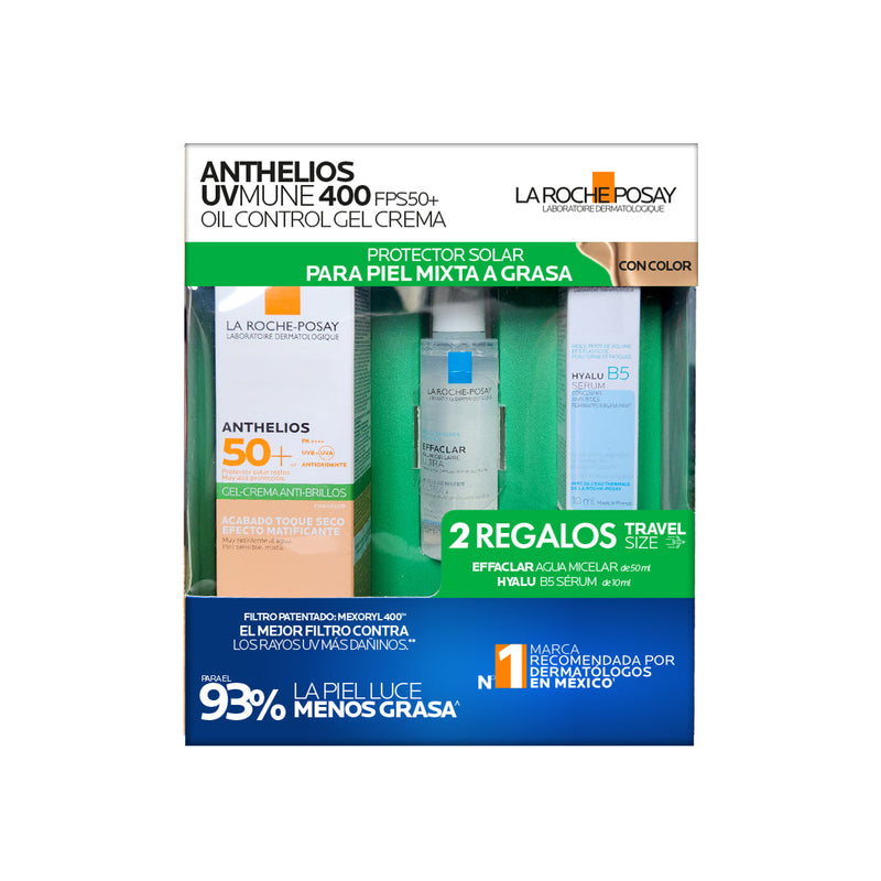 Kit-Anthelios Gel Crema Toque Seco 50+ C/C 50ml + Effaclar Agua Micelar 50ml + Hyalu B5 Serum 10ml.