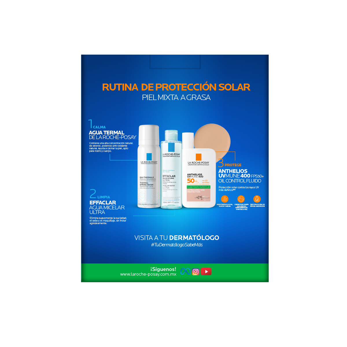 La Roche-Posay Kit Anthelios UVMune 400 Oil Control Fluido Con Color 50ml. + Agua Termal Prebiótica 50ml. + Agua Micelar 50ml.