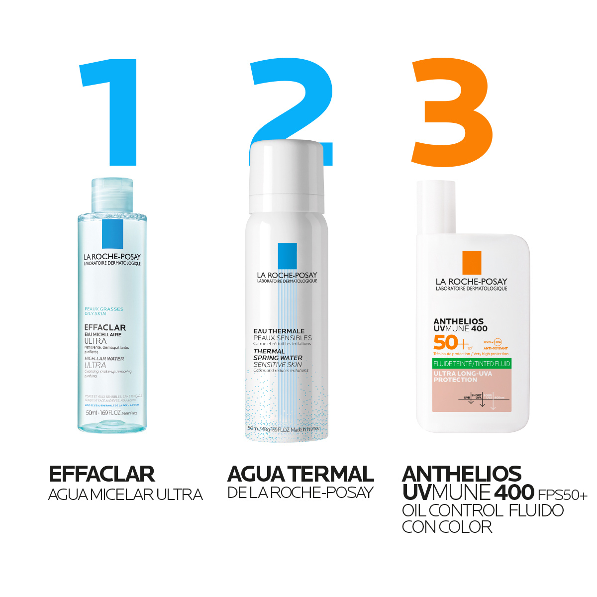 La Roche-Posay Kit Anthelios UVMune 400 Oil Control Fluido Con Color 50ml. + Agua Termal Prebiótica 50ml. + Agua Micelar 50ml.