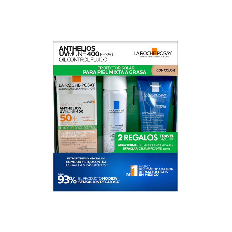 La Roche-Posay Kit Anthelios UVMune 400 Oil Control con Color + Effaclar Gel + Agua Termal.