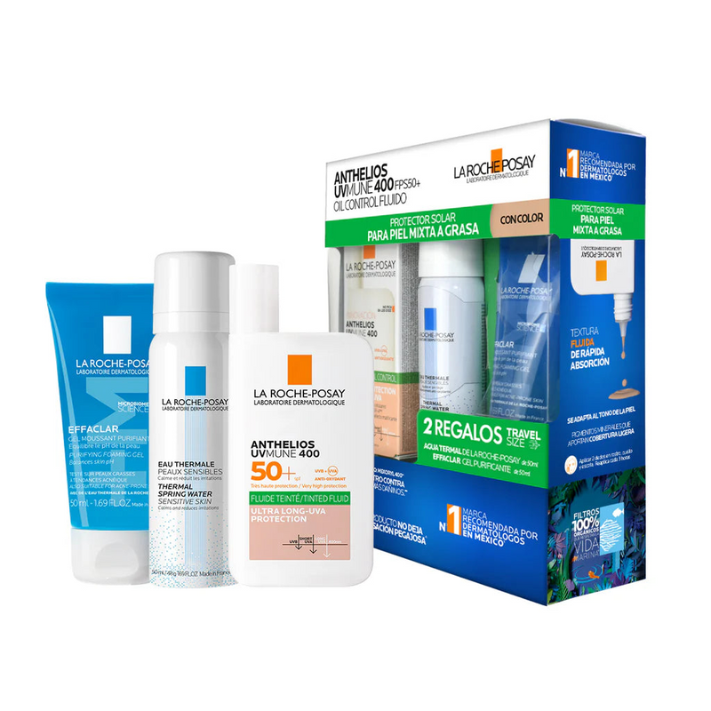 La Roche-Posay Kit Anthelios UVMune 400 Oil Control con Color + Effaclar Gel + Agua Termal.