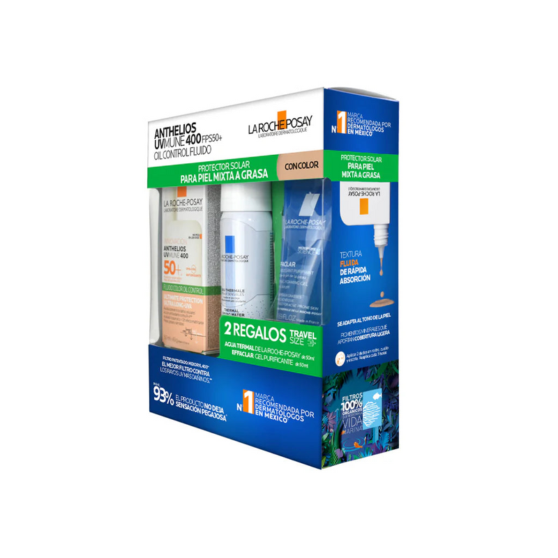 La Roche-Posay Kit Anthelios UVMune 400 Oil Control con Color + Effaclar Gel + Agua Termal.