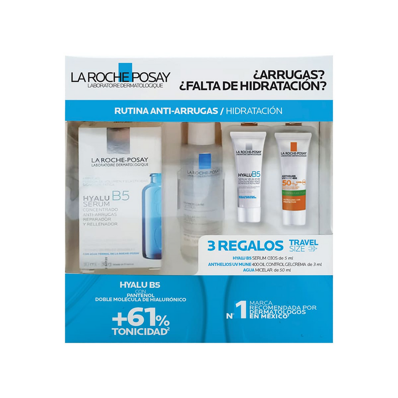 La Roche-Posay Kit Hyalu B5: Sérum Antiarrugas 30ml + Agua Micelar 50ml + Sérum Ojos 3ml + Anthelios UV Mune FPS50+ 3ml.