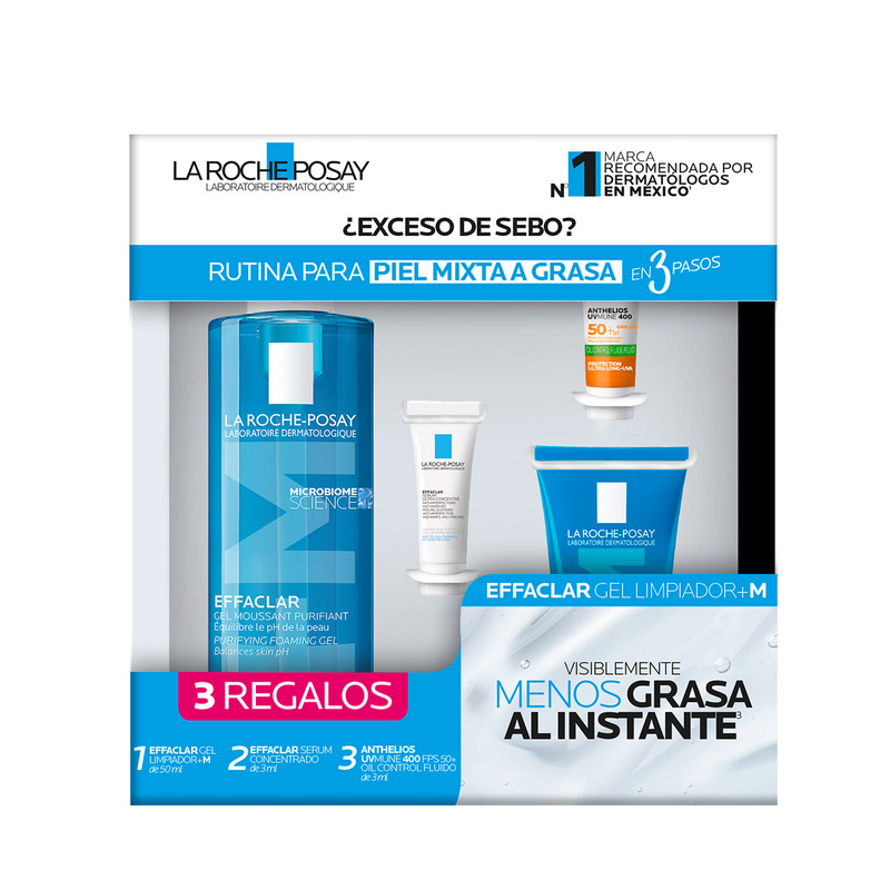 Kit La Roche Posay - Effaclar gel limpiador +M 400ml + Effaclar gel limpiador +M 50ml + Effaclar sérum 3ml +Anthelios UV mune 400 fps50+ Oil control 3ml