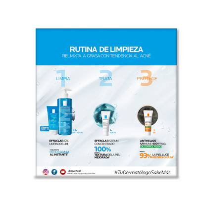 Kit La Roche Posay - Effaclar gel limpiador +M 400ml + Effaclar gel limpiador +M 50ml + Effaclar sérum 3ml +Anthelios UV mune 400 fps50+ Oil control 3ml