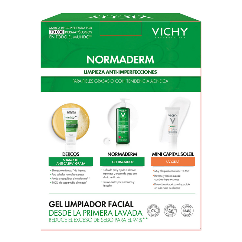 Vichy - Kit Normaderm intensive purifing cleanser 400ml + Dercos anti dandruff 50ml + Capital soleil UV Clear SPF50+ 3ml.