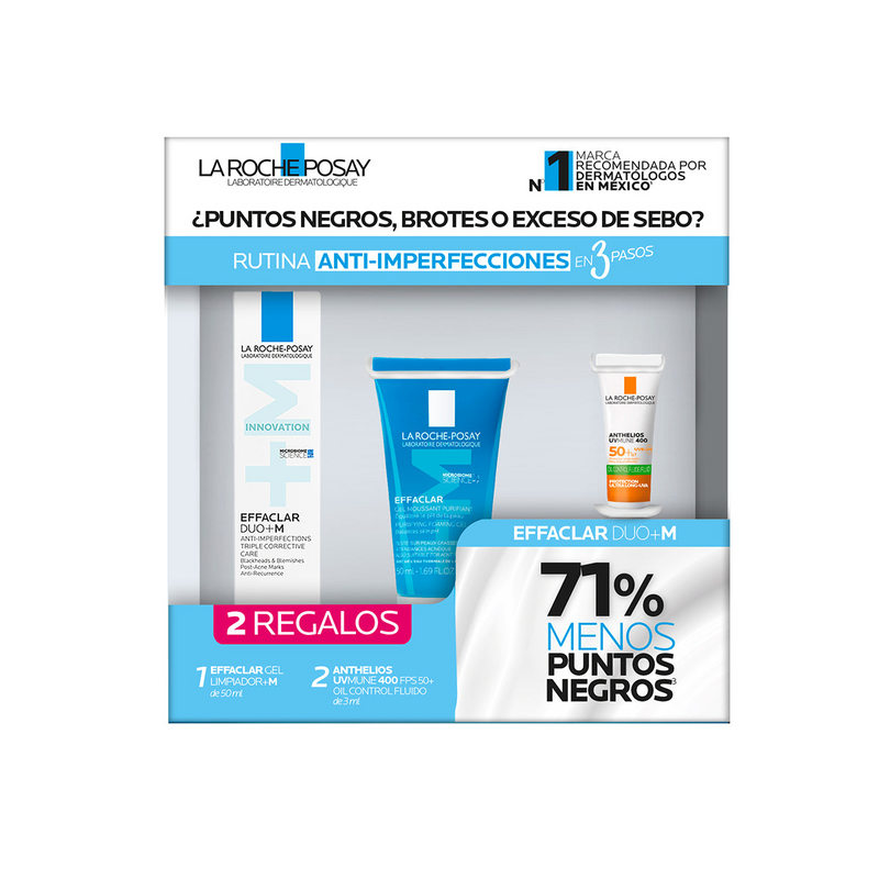 La Roche Posay - Kit Effaclar Duo+M 40ml + Effaclar gel limpiador +M 50ml + Anthelios UV mune 400 fps50+ oil control fluido 3ml