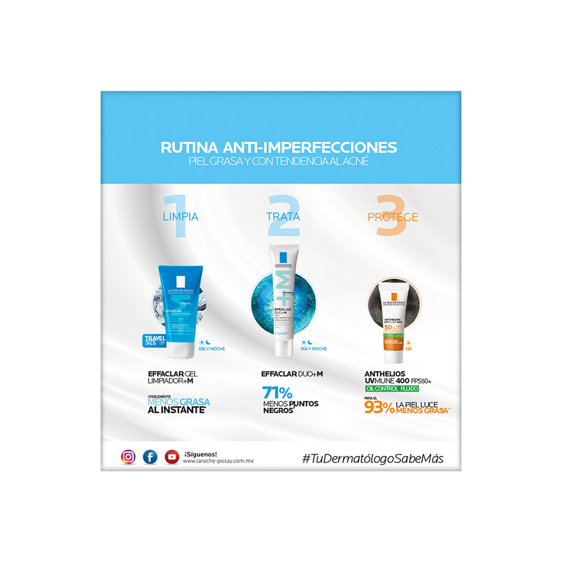 La Roche Posay - Kit Effaclar Duo+M 40ml + Effaclar gel limpiador +M 50ml + Anthelios UV mune 400 fps50+ oil control fluido 3ml