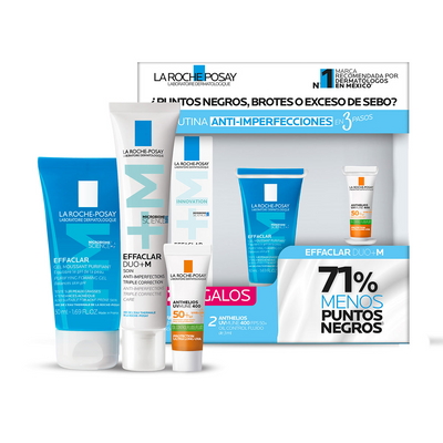 La Roche Posay - Kit Effaclar Duo+M 40ml + Effaclar gel limpiador +M 50ml + Anthelios UV mune 400 fps50+ oil control fluido 3ml