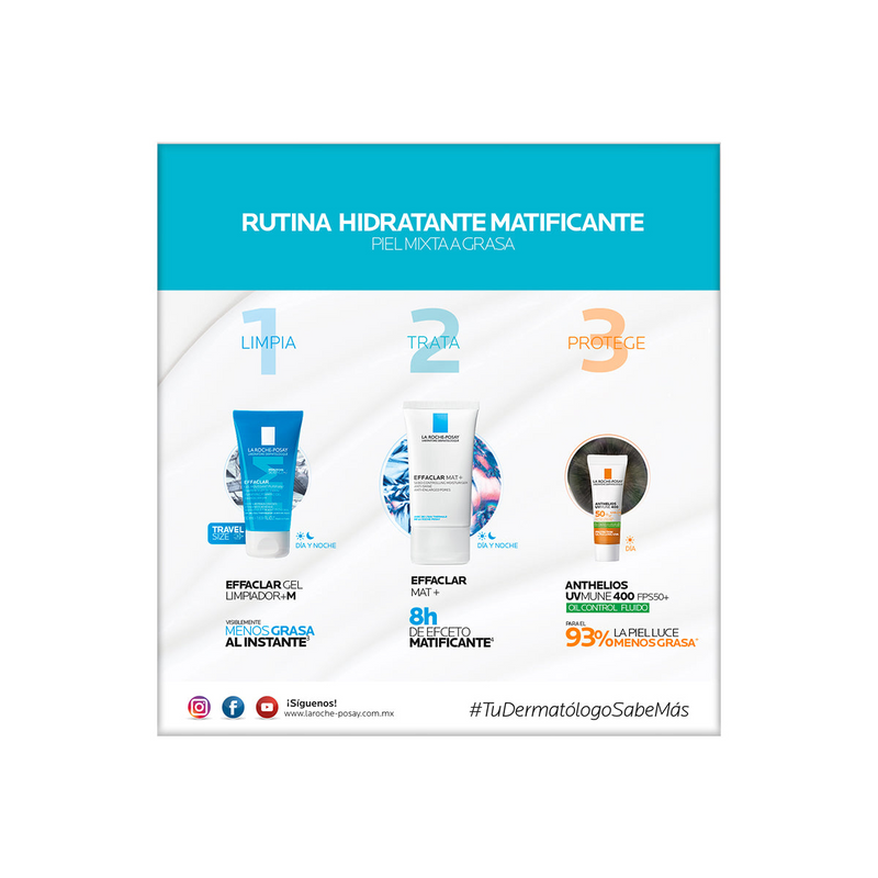 La Roche Posay - Kit Effaclar Mat+ hidratante rostro 40ml + Effaclar gel limpiador M 50ml + Anthelios UV mune 400 fps50+ Oil control fluido 3ml.