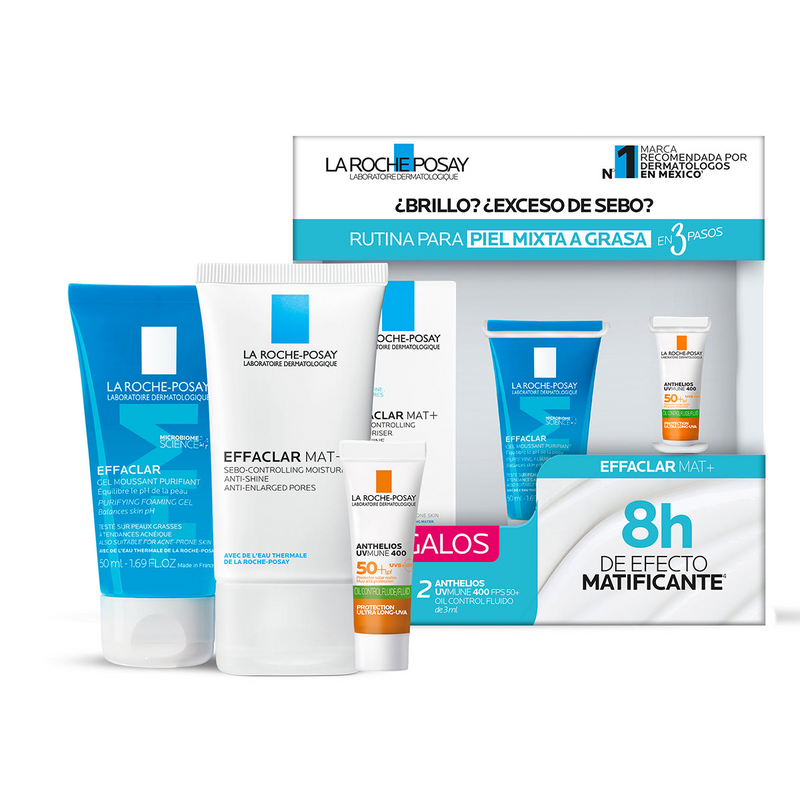 La Roche Posay - Kit Effaclar Mat+ hidratante rostro 40ml + Effaclar gel limpiador M 50ml + Anthelios UV mune 400 fps50+ Oil control fluido 3ml.