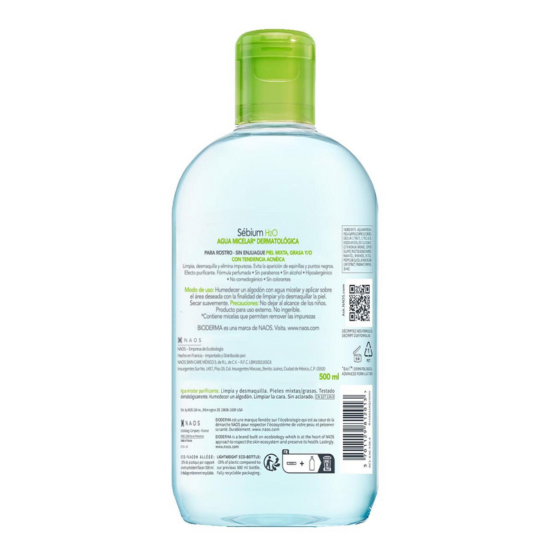 Bioderma Sébium H2O Agua Micelar Purificante Piel Grasa 500ml.