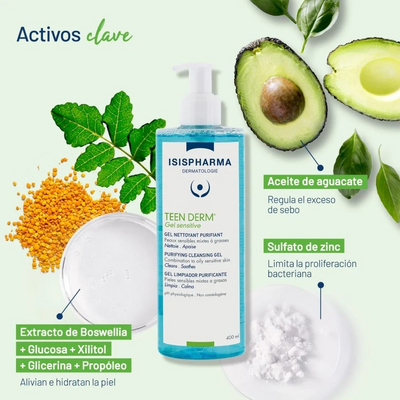 Isispharma Teen Derm Gel Sensitive limpiador suave 400ml.