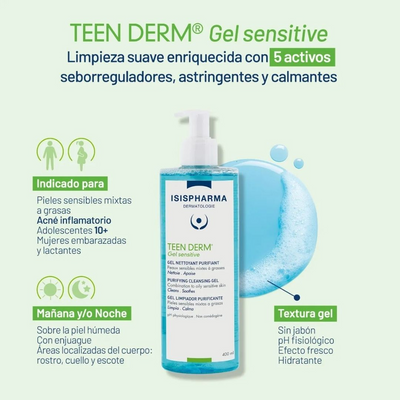 Isispharma Teen Derm Gel Sensitive limpiador suave 400ml.