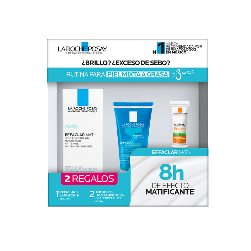 La Roche Posay - Kit Effaclar Mat+ hidratante rostro 40ml + Effaclar gel limpiador M 50ml + Anthelios UV mune 400 fps50+ Oil control fluido 3ml.